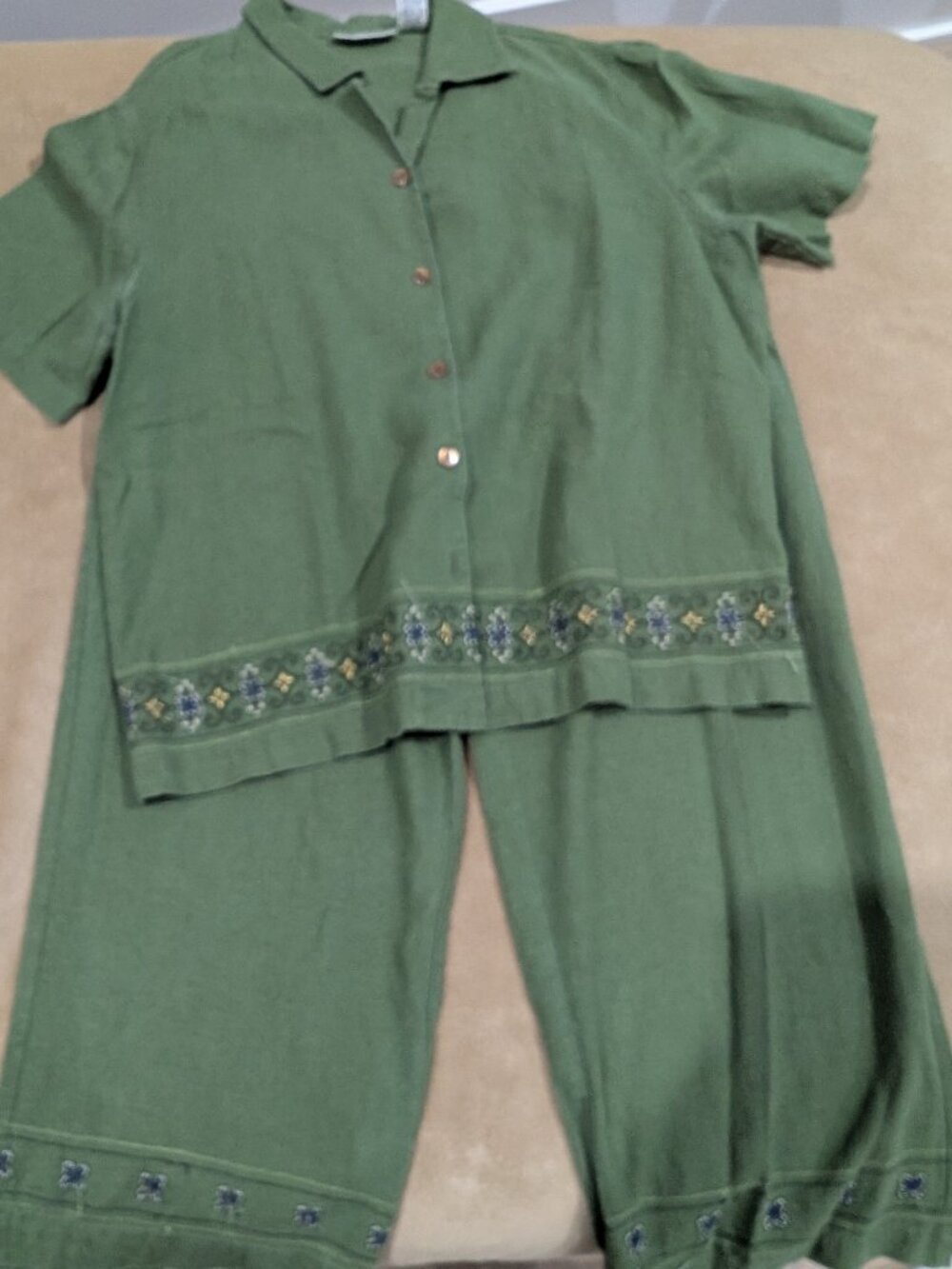 Kim Rogers 2-Piece Linen Blend Pant Set – Olive Green – Size M